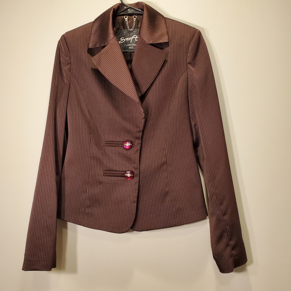Brown Vintage polyester blazer with thin grey stripe,, Size 6